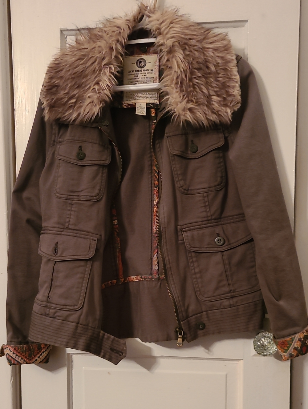 Lucky Brand Green Utility Denim Jacket with Removable Faux Fur Collar